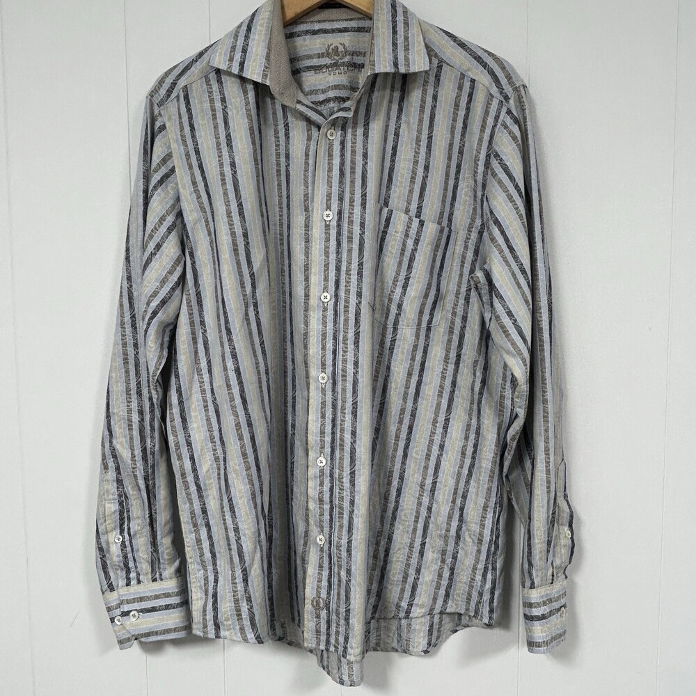 Bugatchi Uomo Shaped Fit Shirt Mens Large Blue Striped Spread Collar 100% Cotton